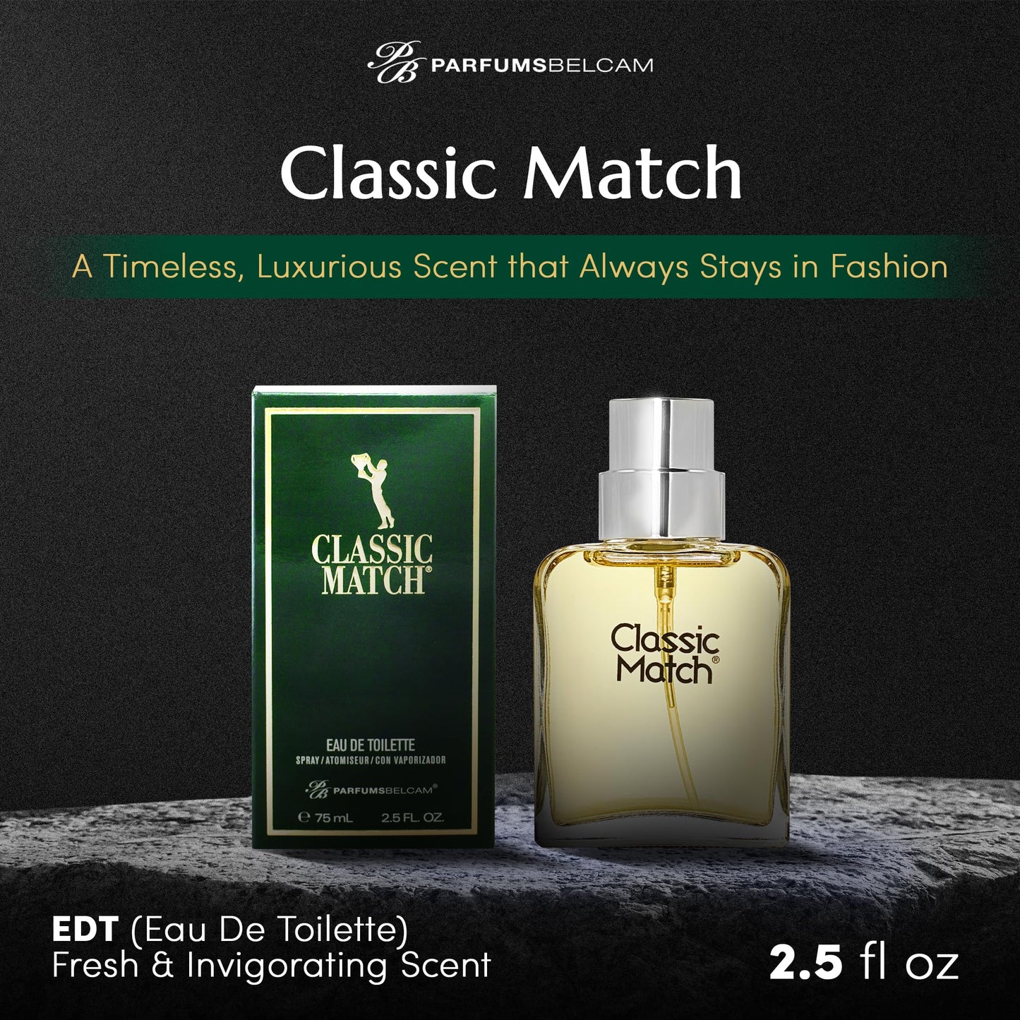 PB ParfumsBelcam Classic Match Green cologne bottle standing upright displaying product label information clearly.