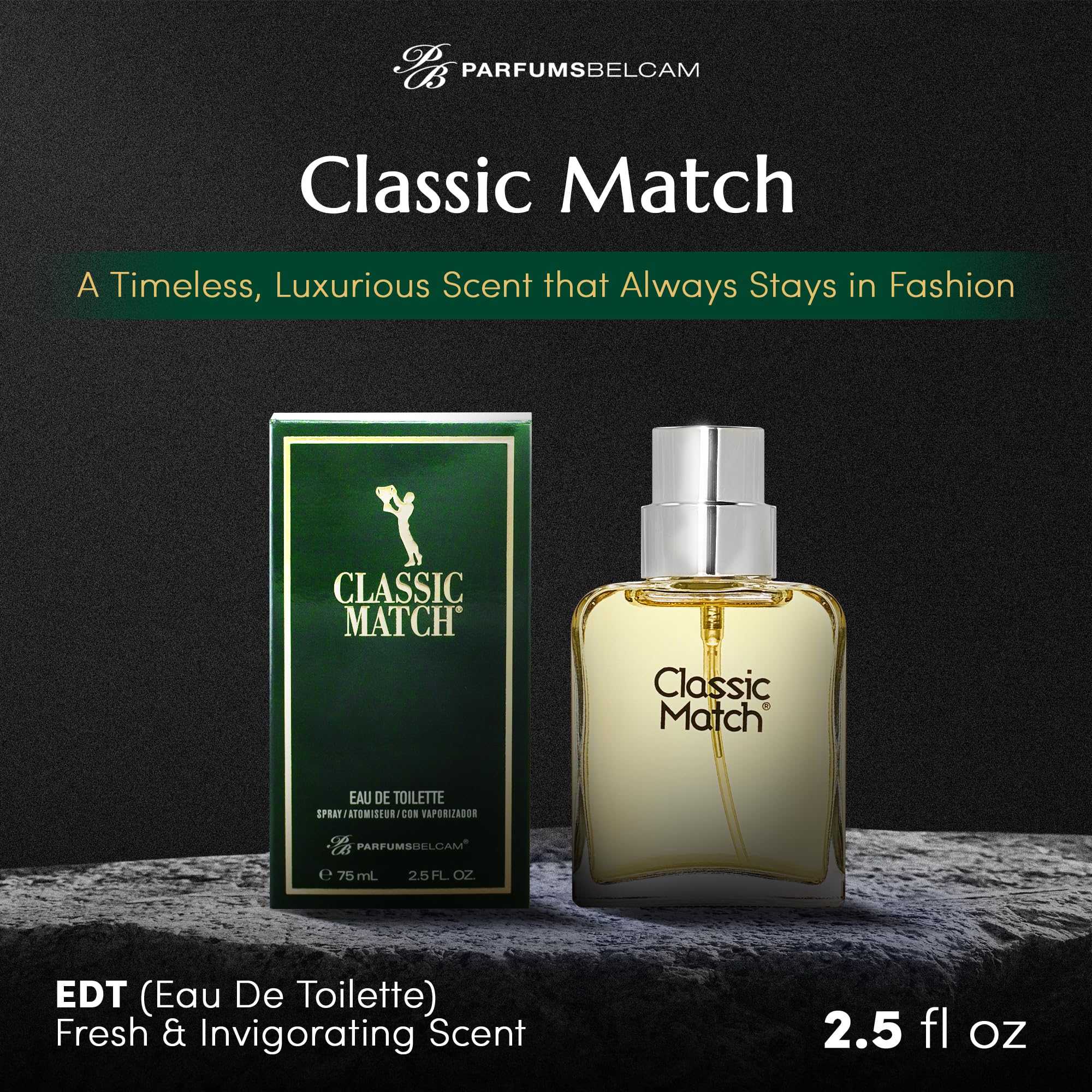 PB ParfumsBelcam Classic Match Green cologne bottle standing upright displaying product label information clearly.