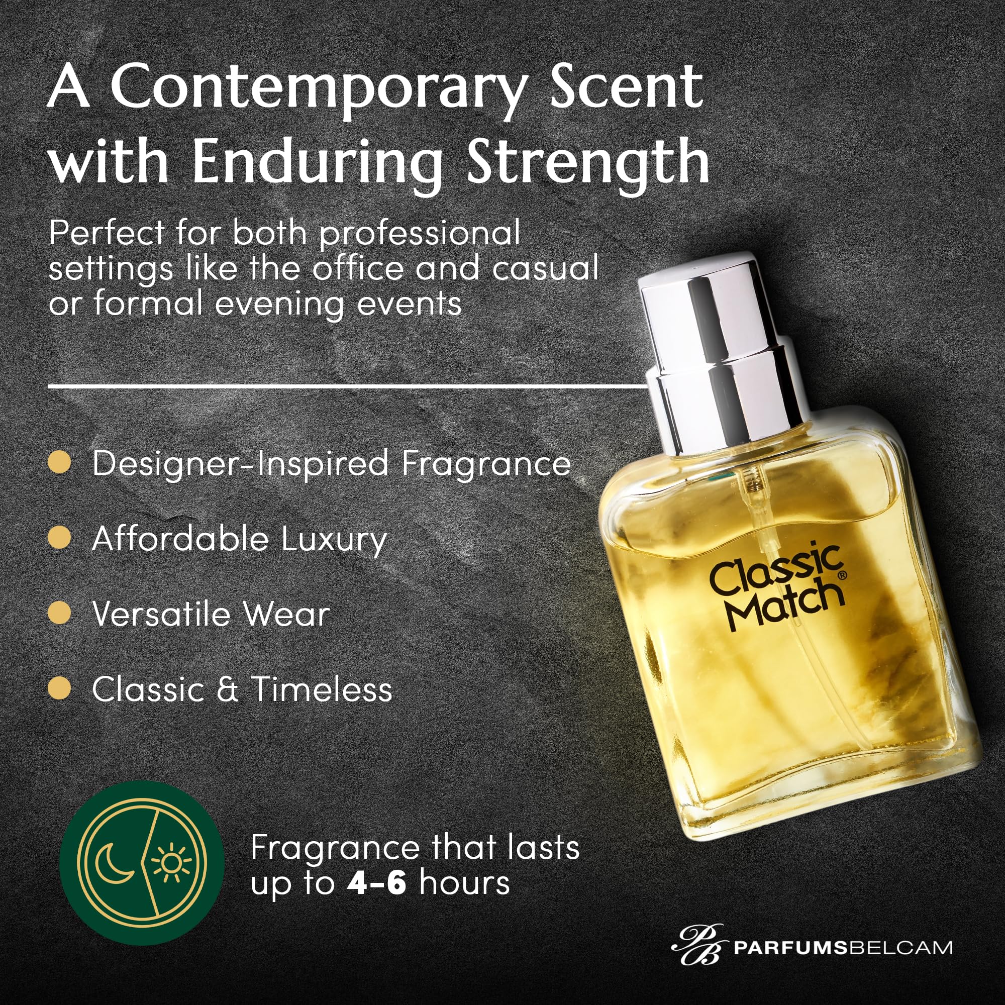 Side profile of the PB ParfumsBelcam Classic Match Green 2.5 fluid ounce men's fragrance spray container.