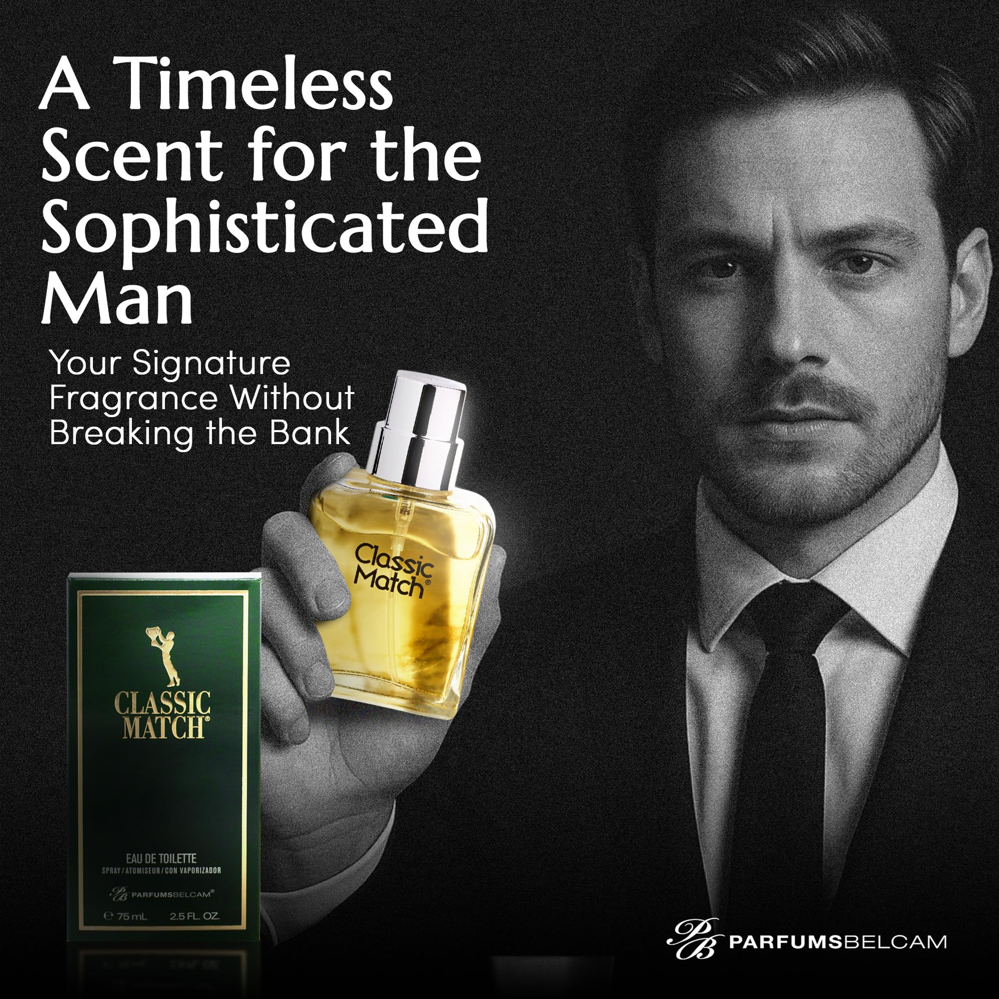 PB ParfumsBelcam Classic Match Green cologne bottle next to its retail outer packaging highlighting key product details.