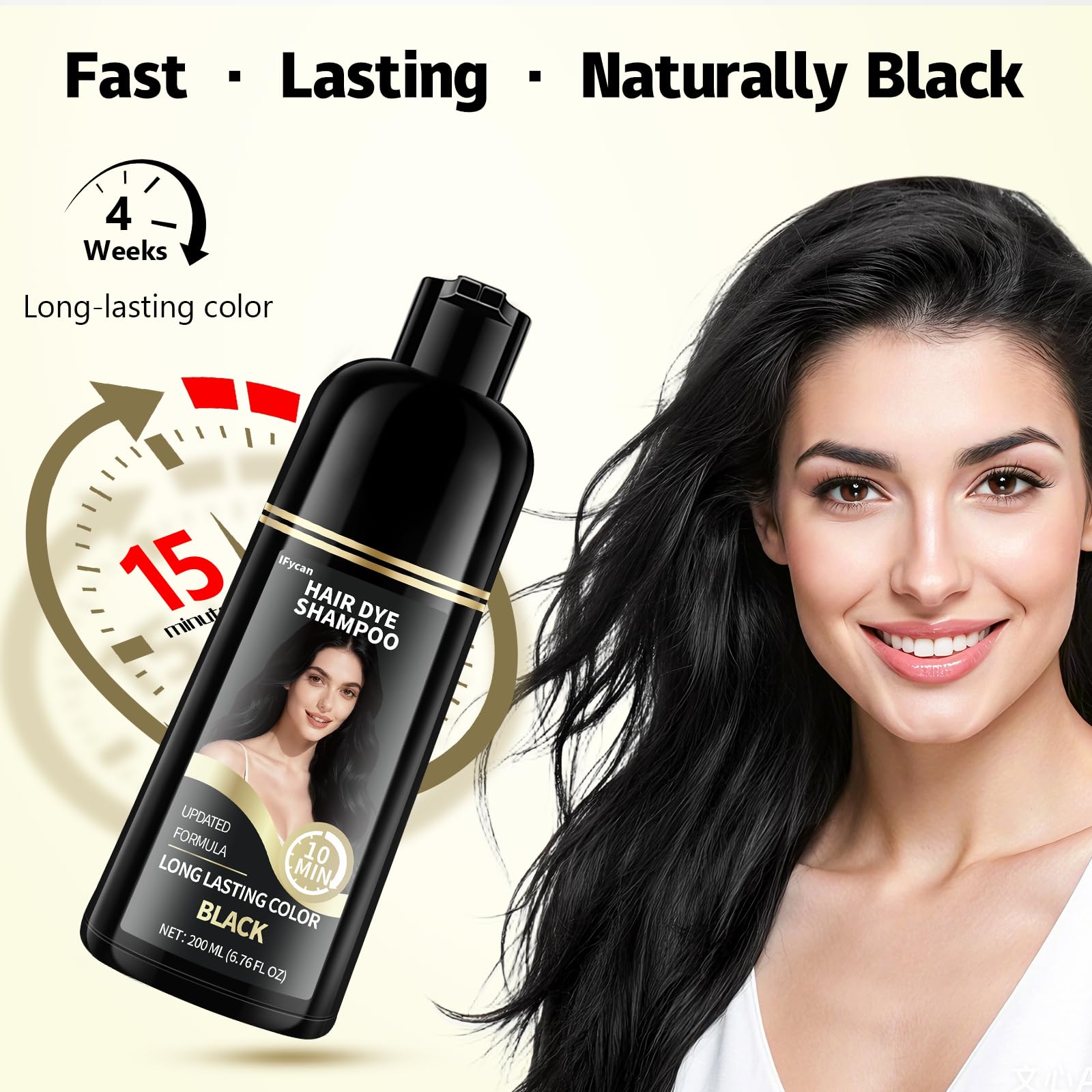 Before and after visualization of gray hair coverage using vegan black shampoo