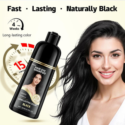 Before and after visualization of gray hair coverage using vegan black shampoo