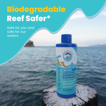 Reef-safe and biodegradable Stream2Sea liquid soap label
