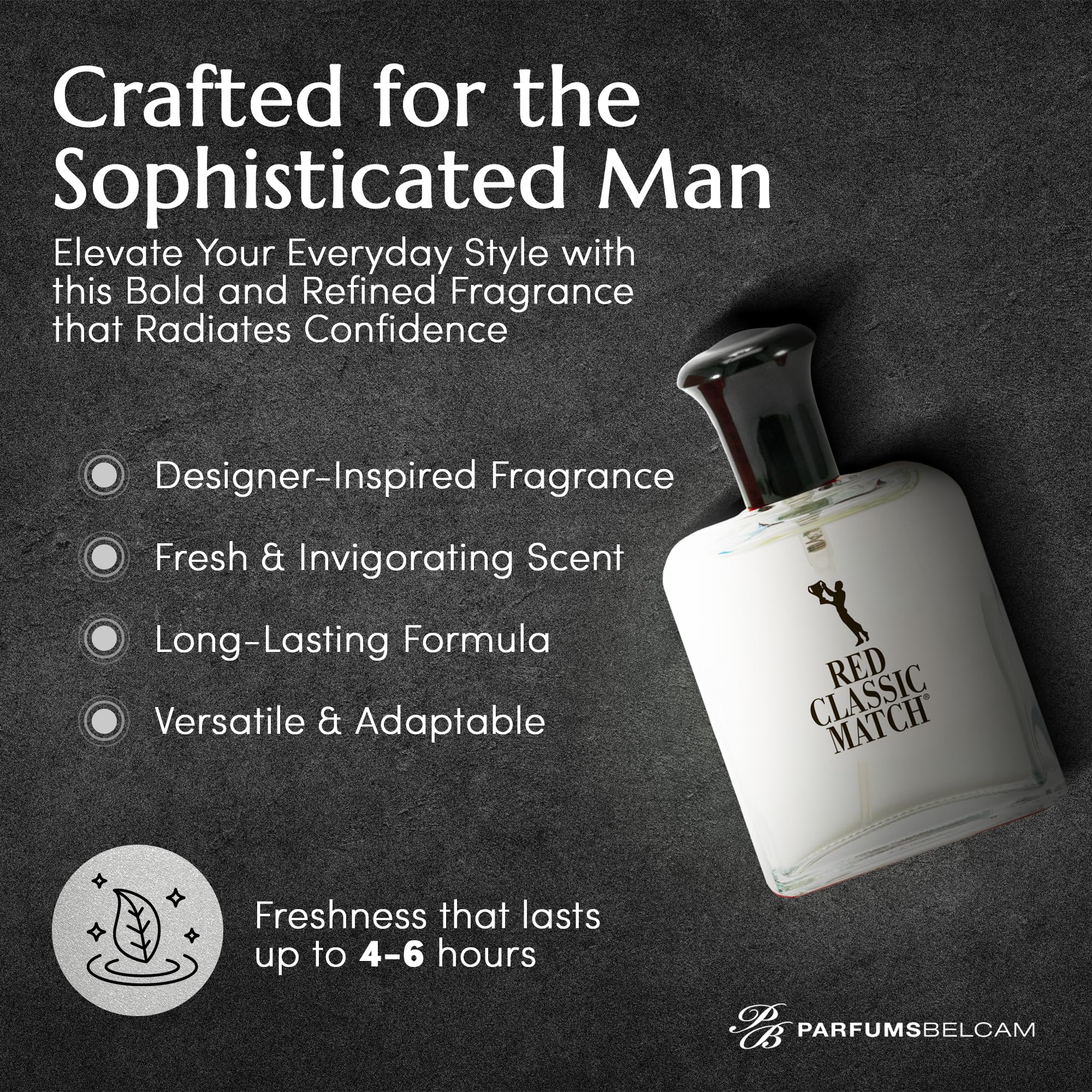 Side profile of PB ParfumsBelcam spicy woody amber cologne for men demonstrating the classic travel friendly glass bottle structure