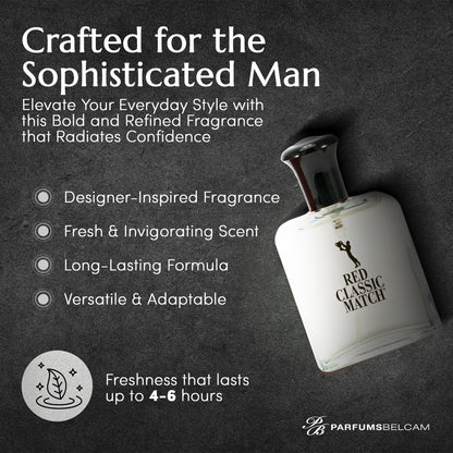 Side profile of PB ParfumsBelcam spicy woody amber cologne for men demonstrating the classic travel friendly glass bottle structure