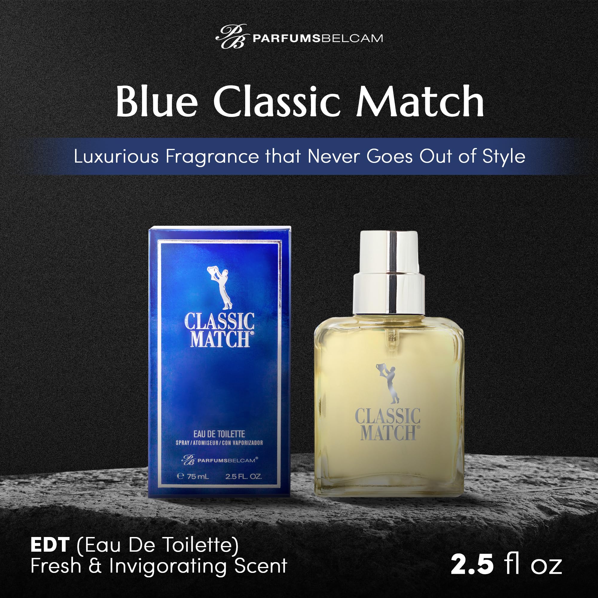 PB ParfumsBelcam Blue Classic Match 2.54 Fluid Ounce packaging and bottle displaying citrus fougere notes