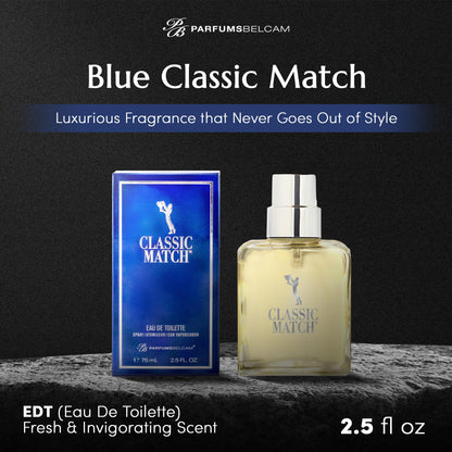 PB ParfumsBelcam Blue Classic Match 2.54 Fluid Ounce packaging and bottle displaying citrus fougere notes