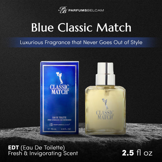 PB ParfumsBelcam Blue Classic Match 2.54 Fluid Ounce packaging and bottle displaying citrus fougere notes