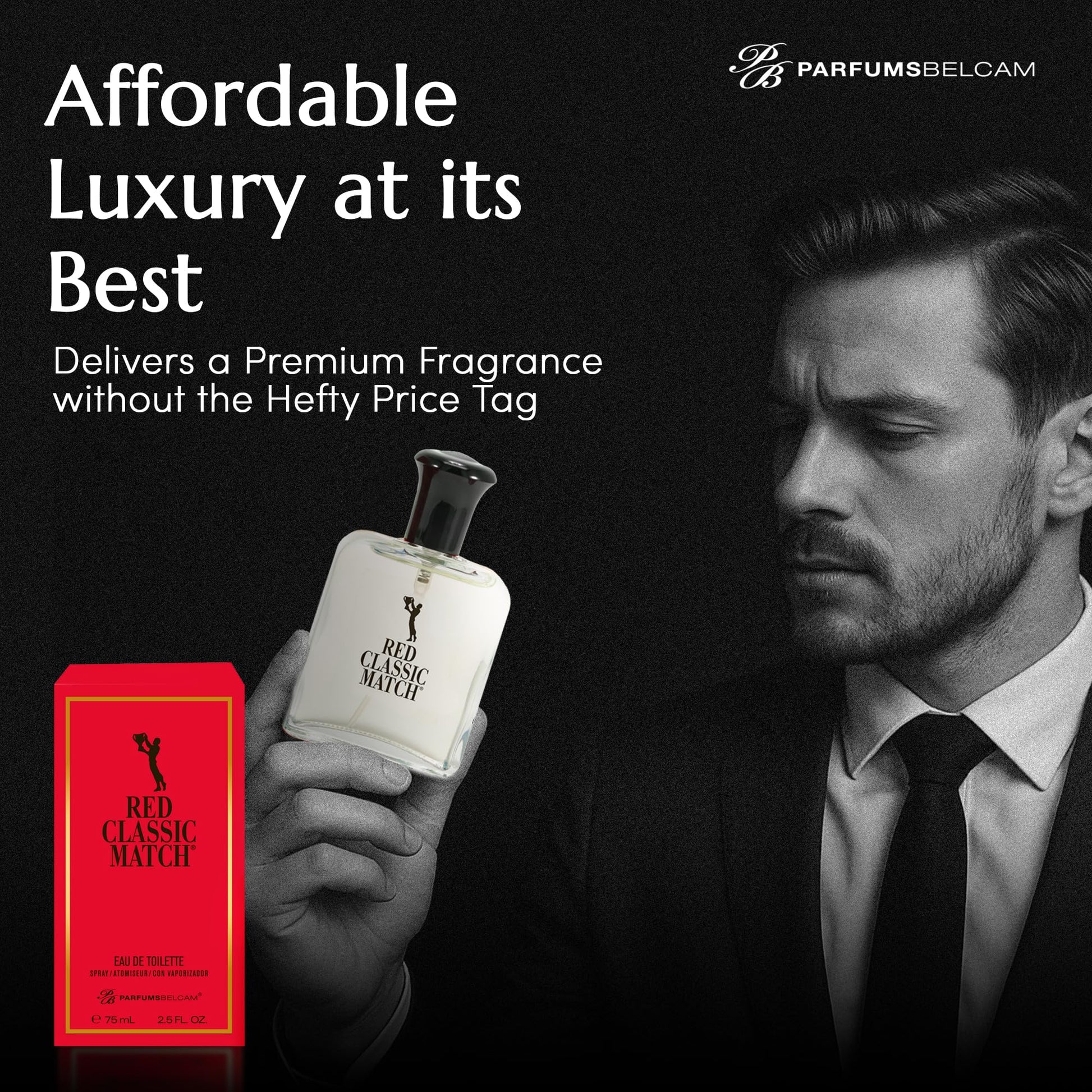 The complete retail packaging box of PB ParfumsBelcam Red Classic Match Eau De Toilette highlighting ingredient details