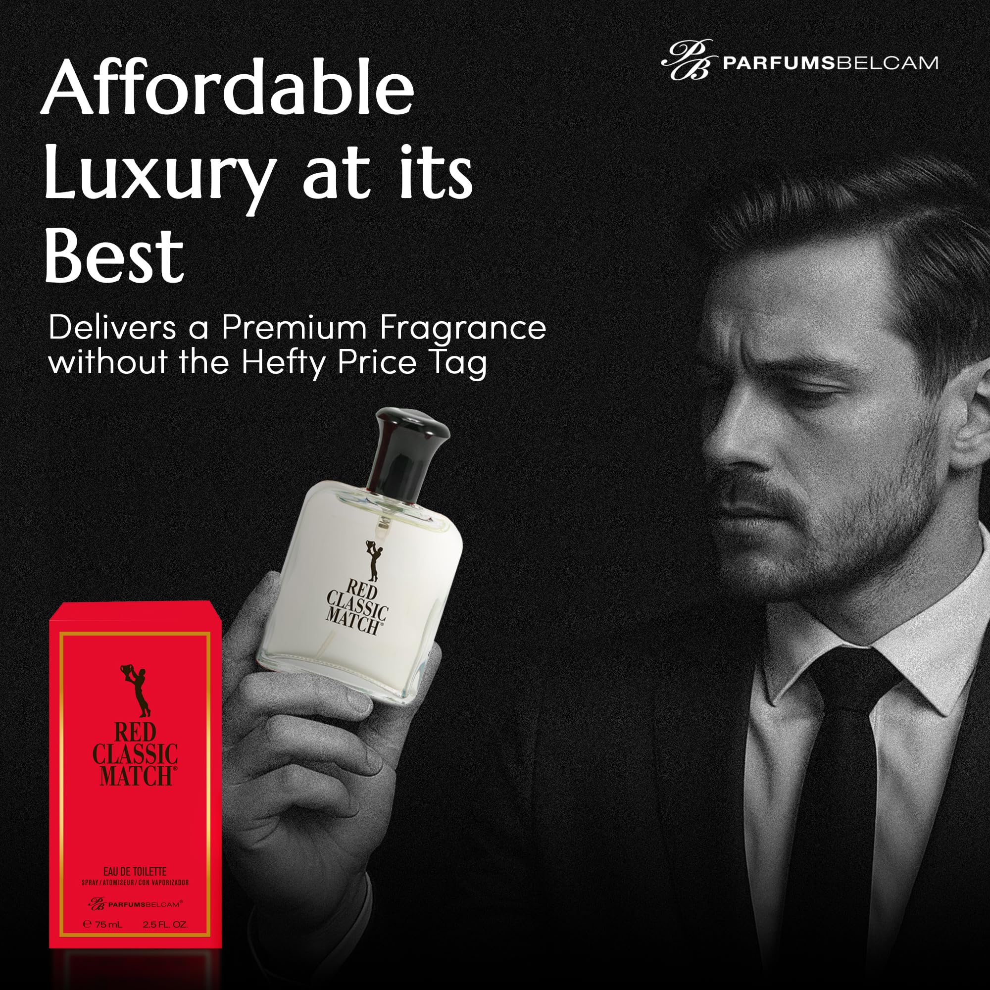The complete retail packaging box of PB ParfumsBelcam Red Classic Match Eau De Toilette highlighting ingredient details