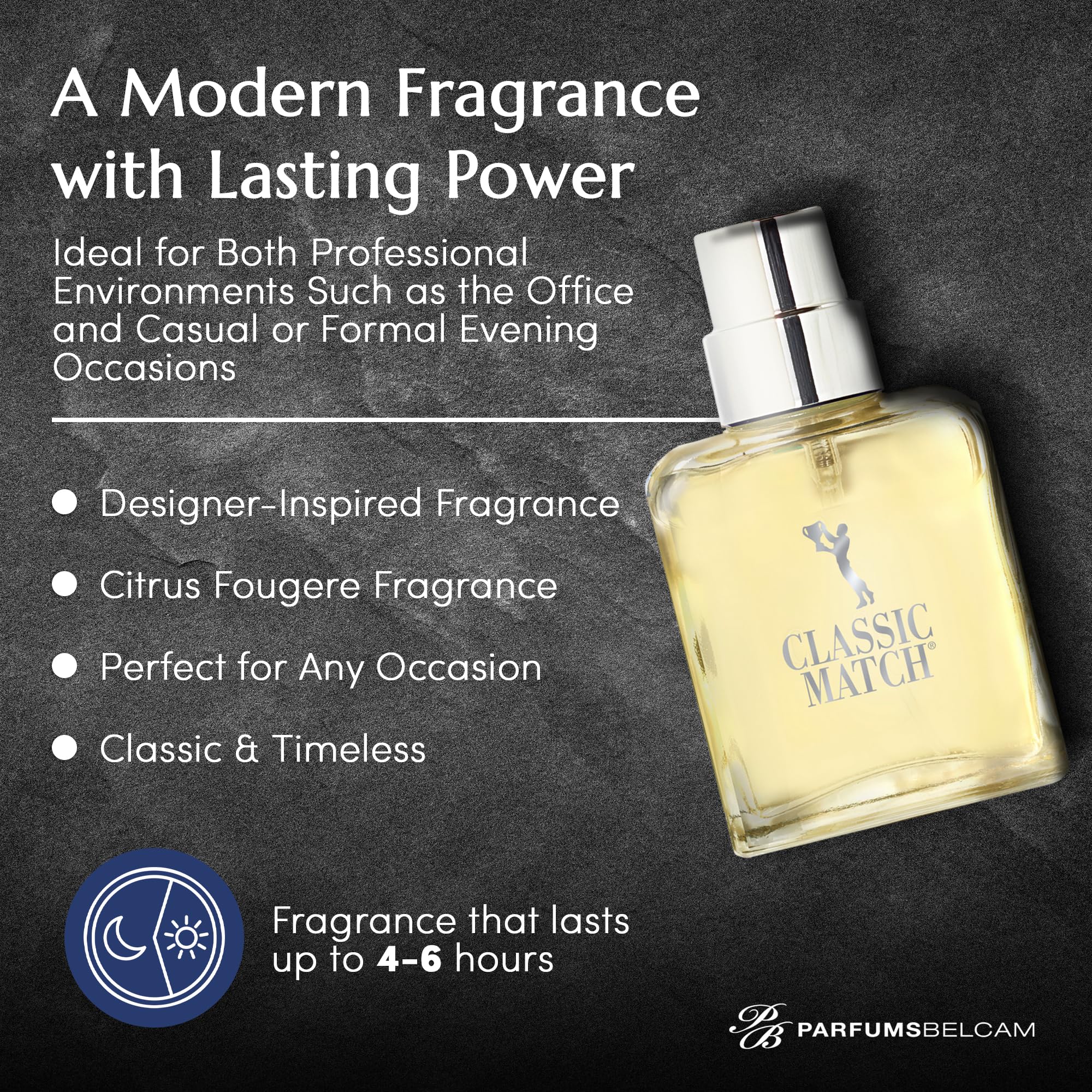 Side profile of PB ParfumsBelcam Classic Match men's spray bottle highlighting the modern blue design