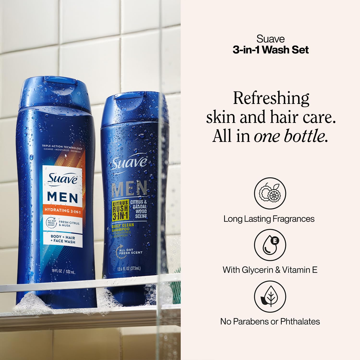 Suave Men Citrus Rush Daily Clean Shampoo Conditioner and Bodywash bottle.
