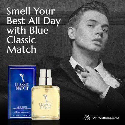 Back label view of PB ParfumsBelcam Blue Classic Match showing the official ingredients list