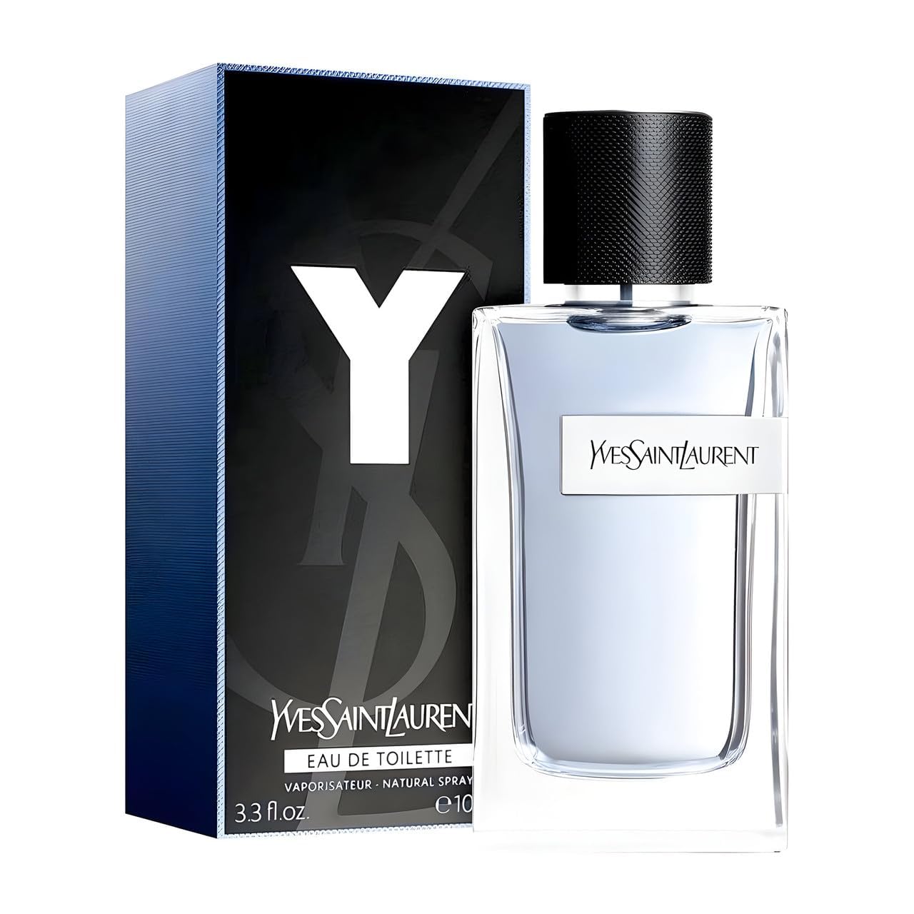 Yves Saint Laurent Y Eau De Toilette 100ml bottle standing upright next to its original imported box