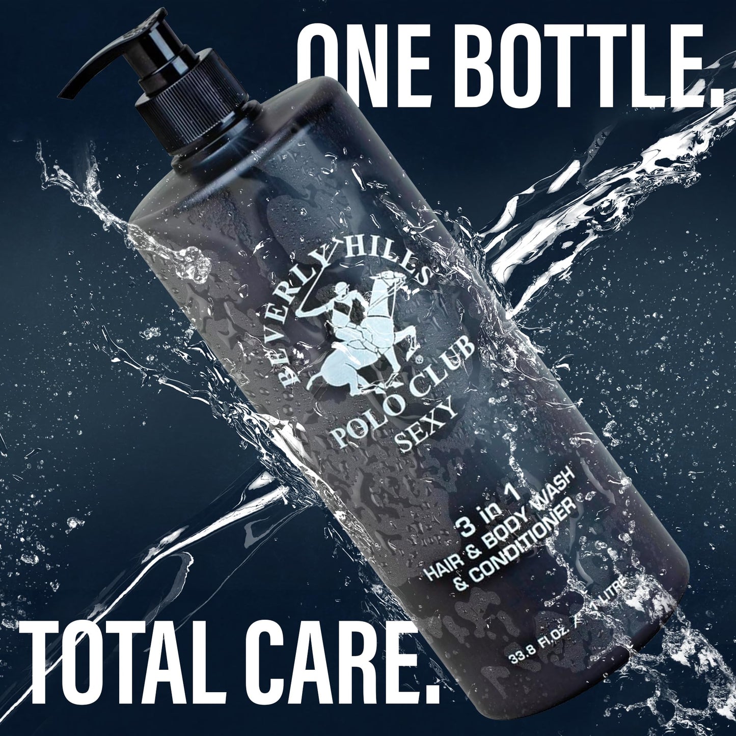 Premium Beverly Hills Polo Club imported three-in-one men grooming wash close up packaging