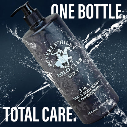 Premium Beverly Hills Polo Club imported three-in-one men grooming wash close up packaging