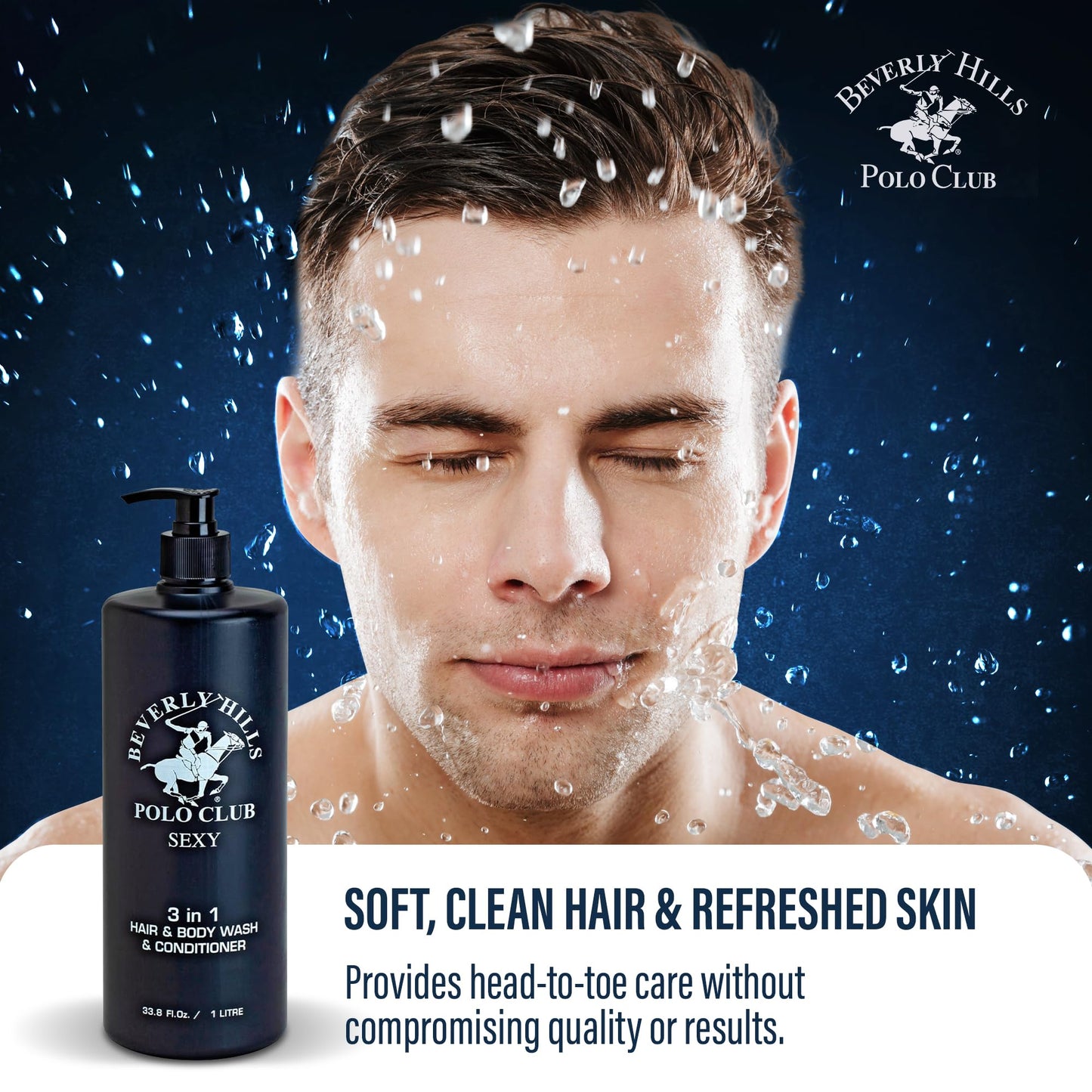 Beverly Hills Polo Club luxury masculine grooming product liquid texture and dispenser view