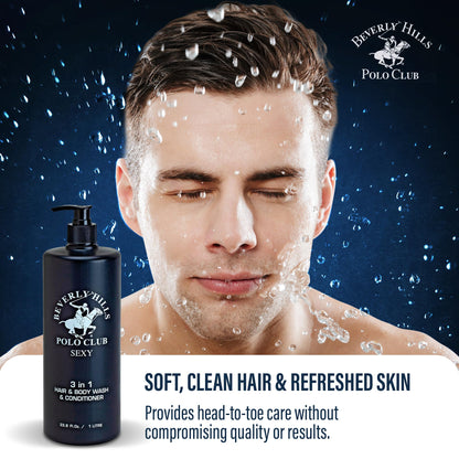 Beverly Hills Polo Club luxury masculine grooming product liquid texture and dispenser view