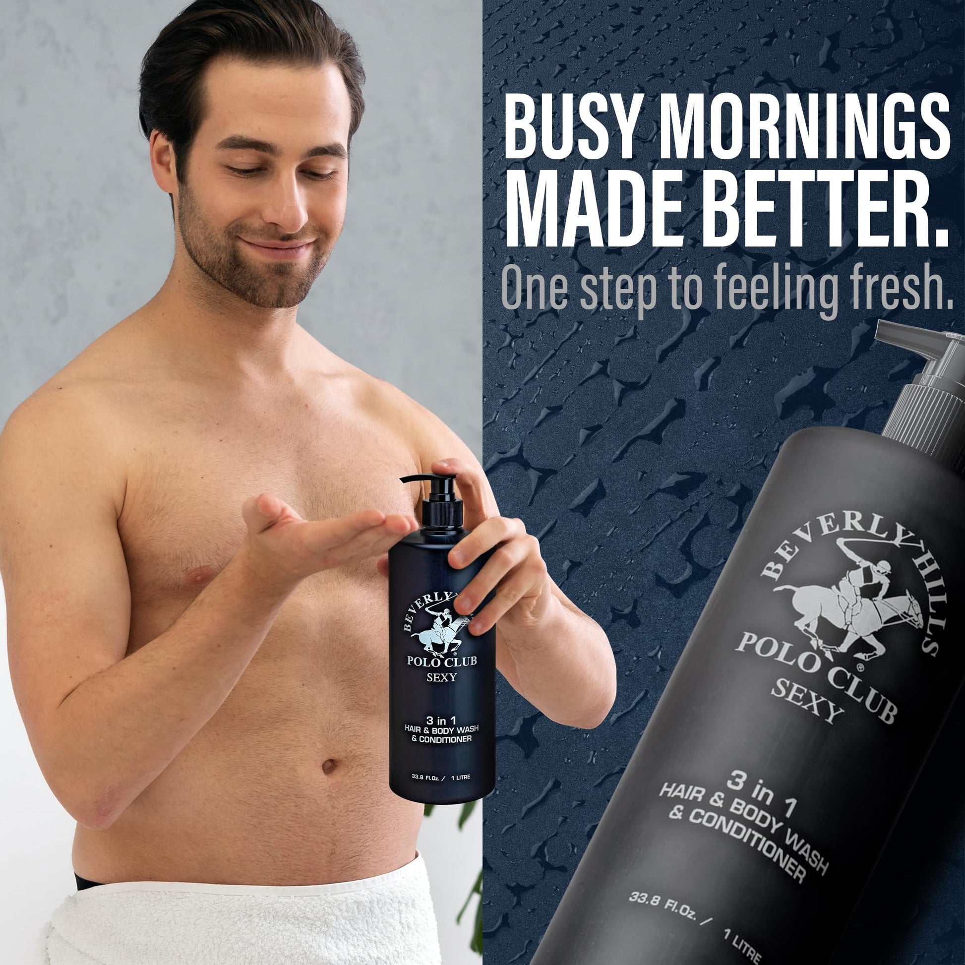Beverly Hills Polo Club men collection luxury three-in-one wash lifestyle backdrop presentation
