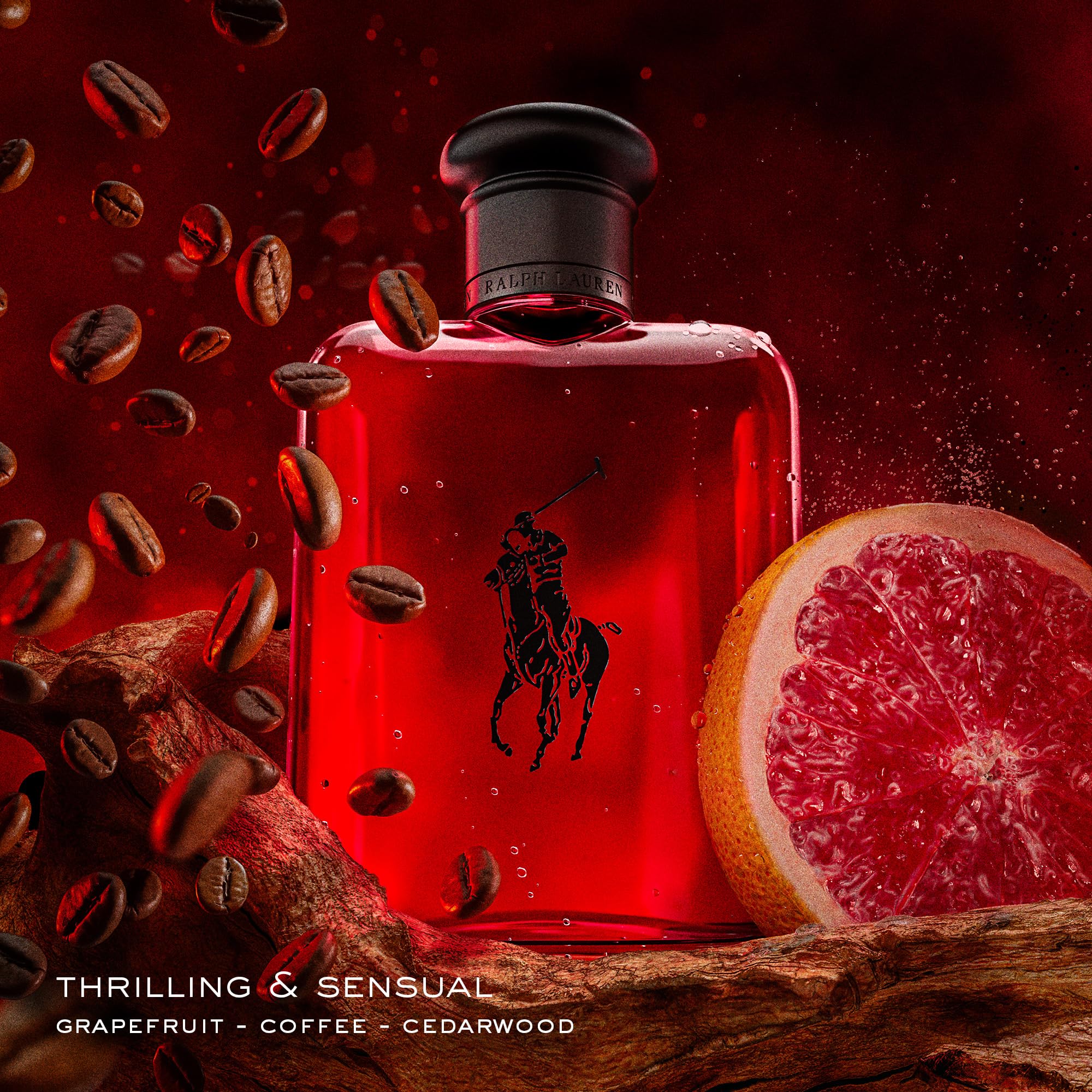 Ralph Lauren Polo Red mens cologne bottle displaying the distinct pony logo on the glass