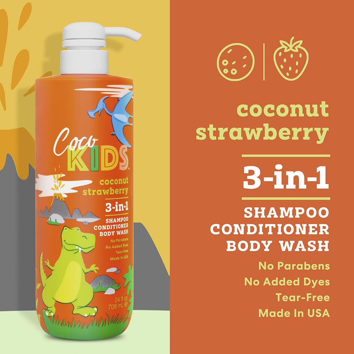 Back label of Cocomagic Cocokids 24 fluid ounce bottle showing usage directions