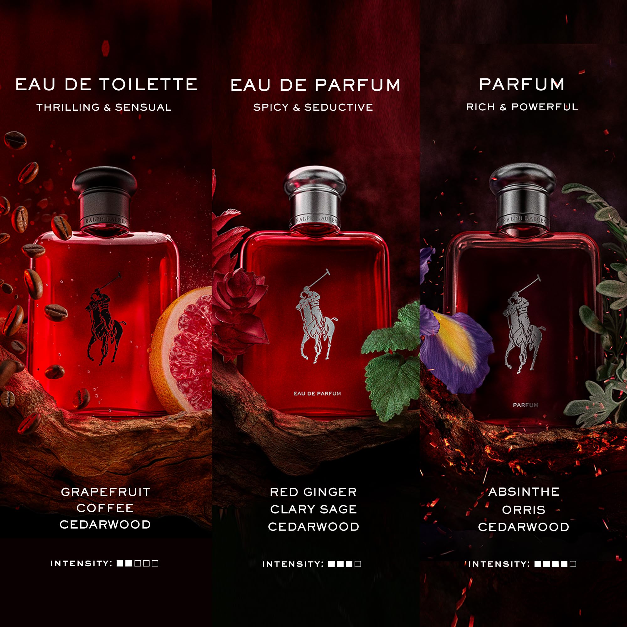 Ralph Lauren Polo Red woody and spicy mens fragrance bottle sitting on a flat surface
