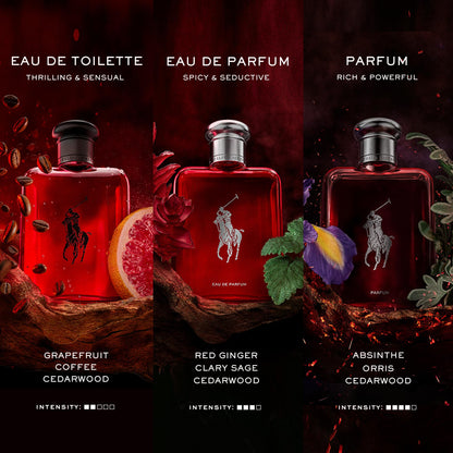 Ralph Lauren Polo Red woody and spicy mens fragrance bottle sitting on a flat surface