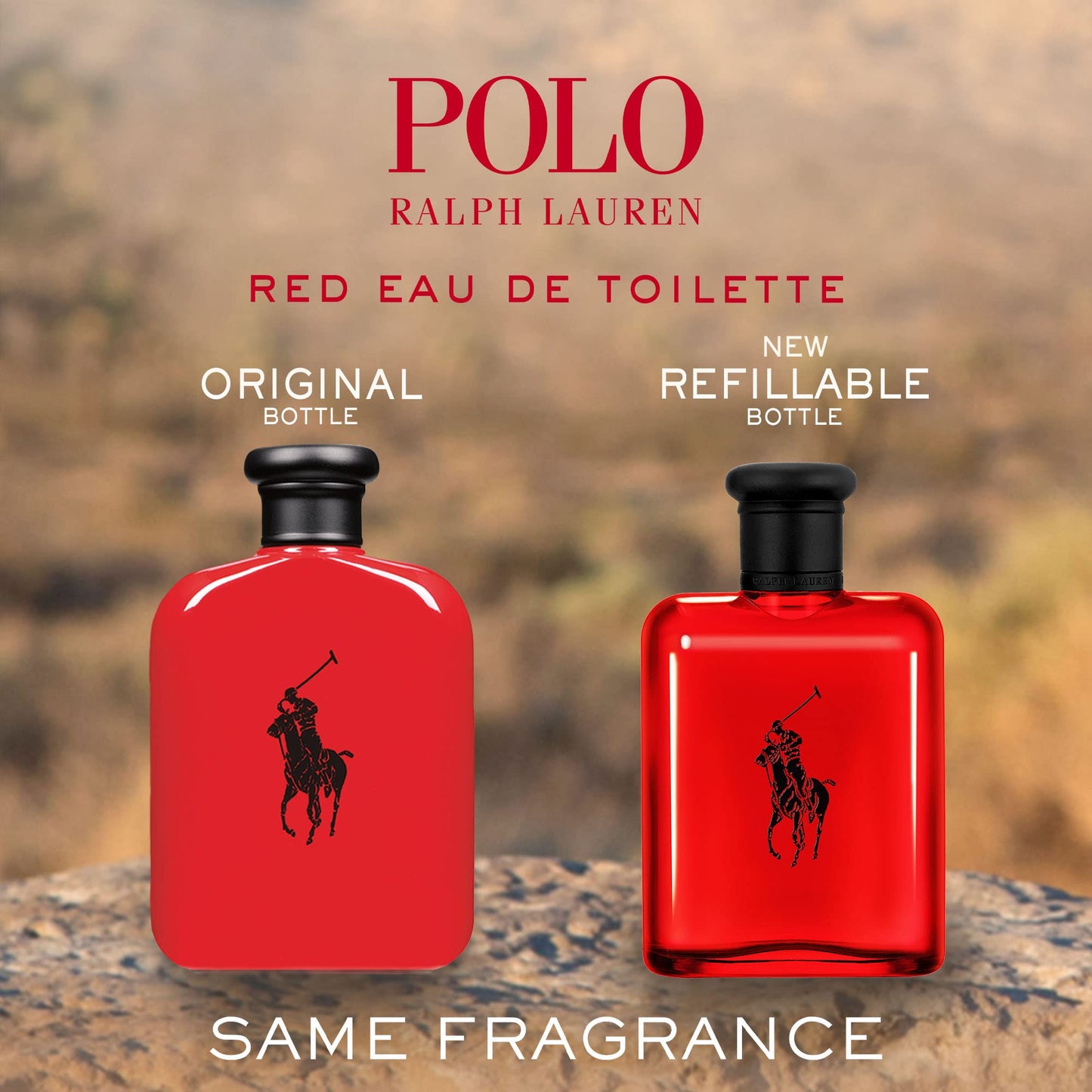 Side profile of the premium red glass bottle of Ralph Lauren Polo Red cologne