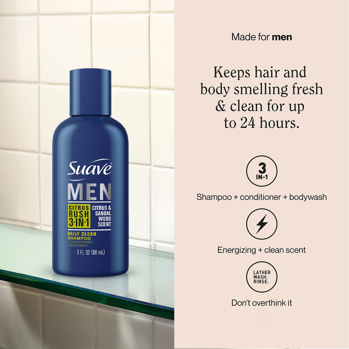 Suave multitasking travel size mens shower gel and hair care kit for gym bags.