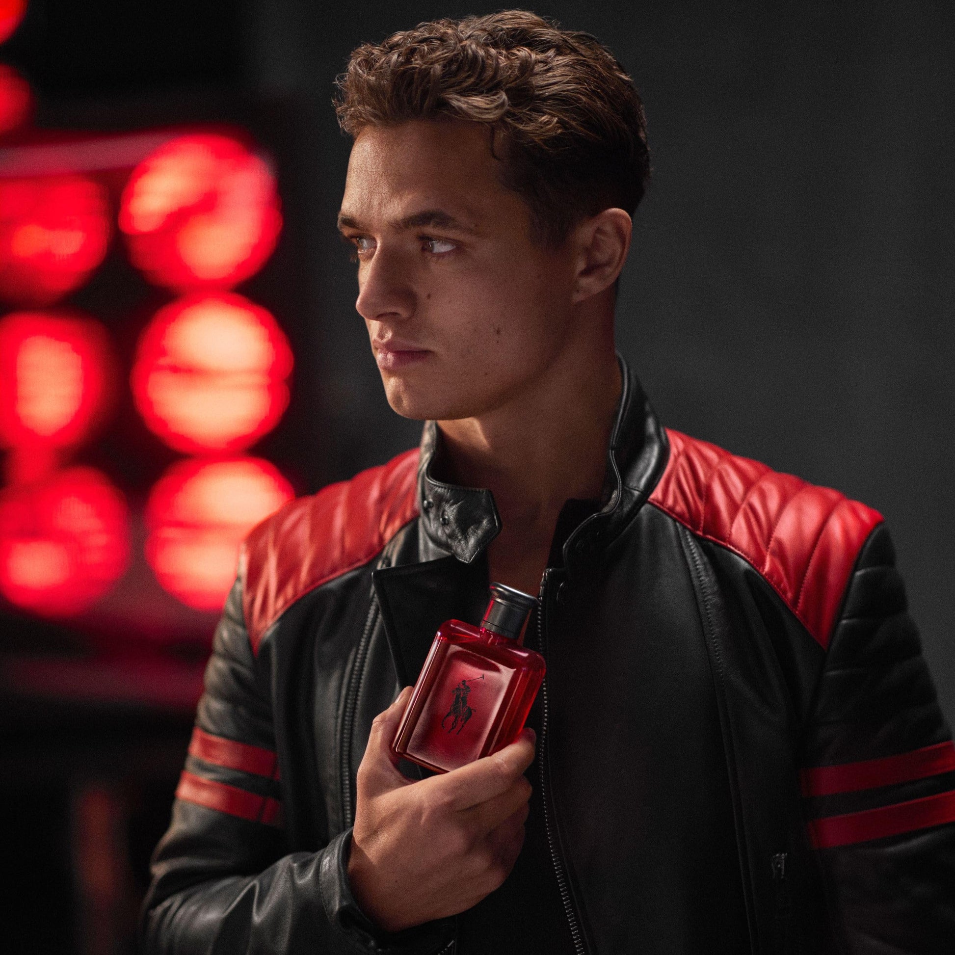 A secure retail presentation of the authentic Ralph Lauren Polo Red fragrance for men