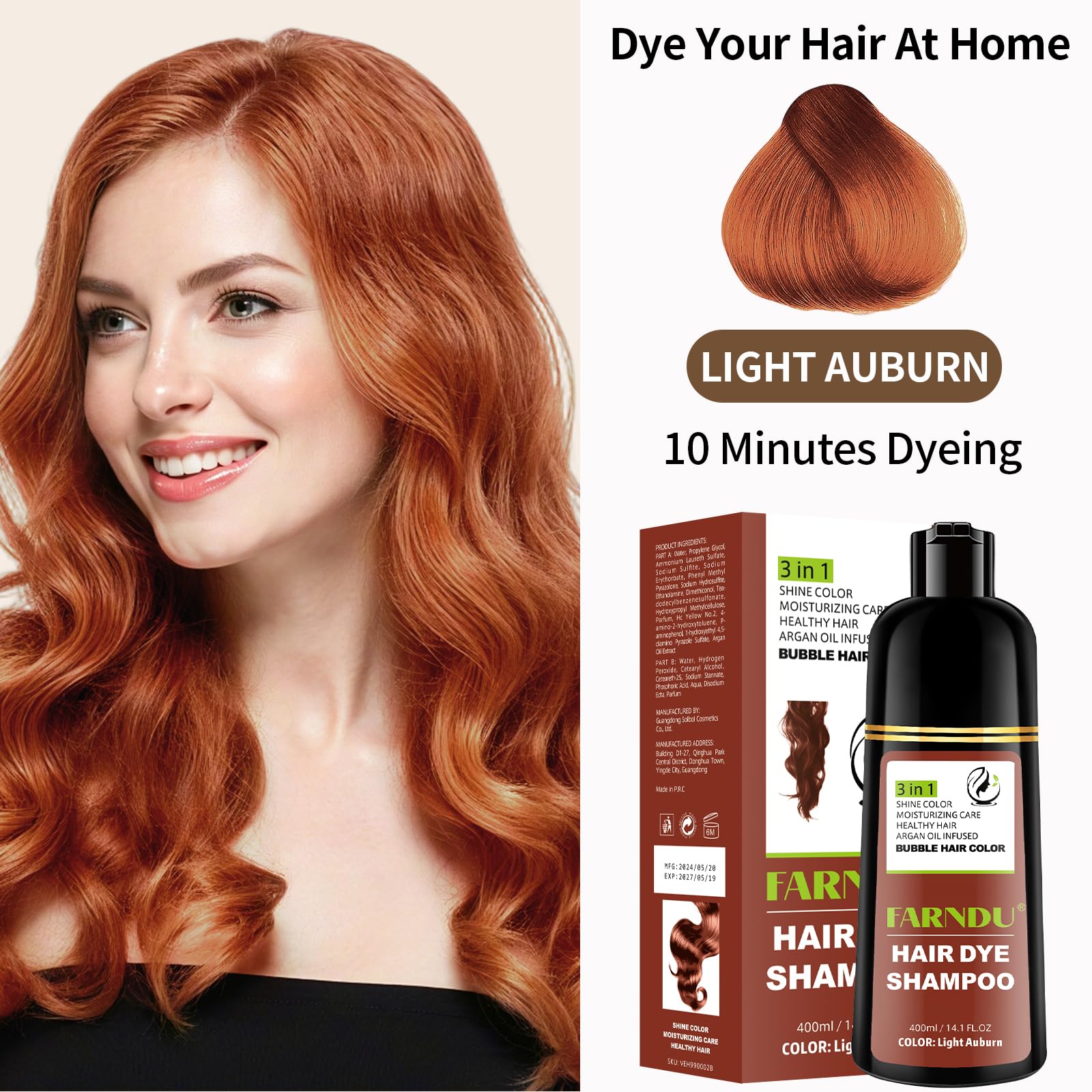 Copper brown three in one hair color shampoo packaging detail with product benefits