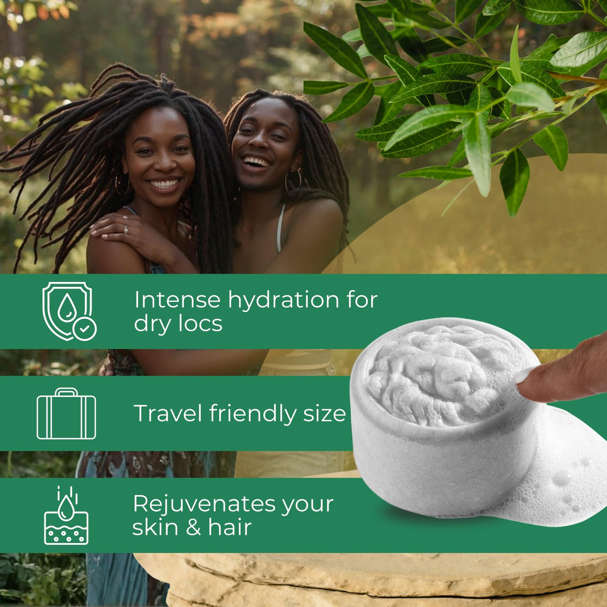 Residue free loc conditioner and body wash bar close up
