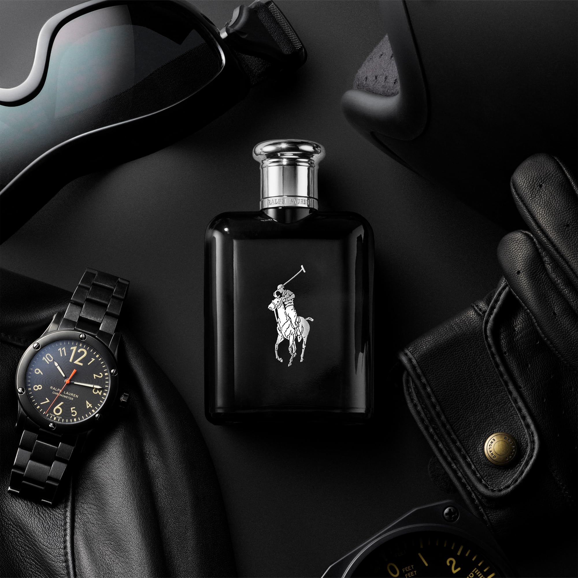 Side profile of Ralph Lauren Polo Black men's fragrance showing premium packaging
