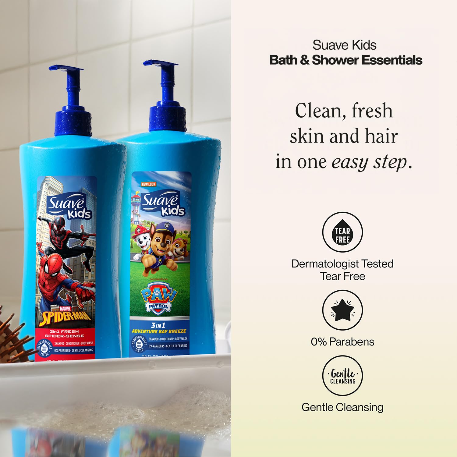 Suave Kids Spiderman 3-in-1 shampoo conditioner and body wash bottle close up