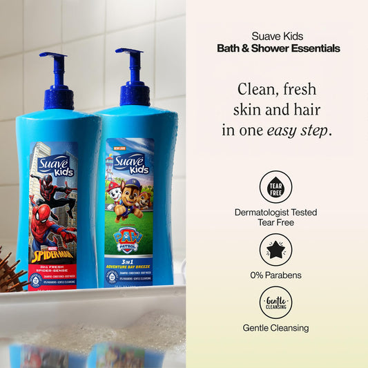 Suave Kids Spiderman 3-in-1 shampoo conditioner and body wash bottle close up
