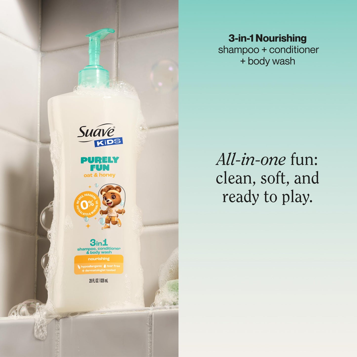 Suave Kids 3 in 1 shampoo conditioner body wash pump bottle packaging