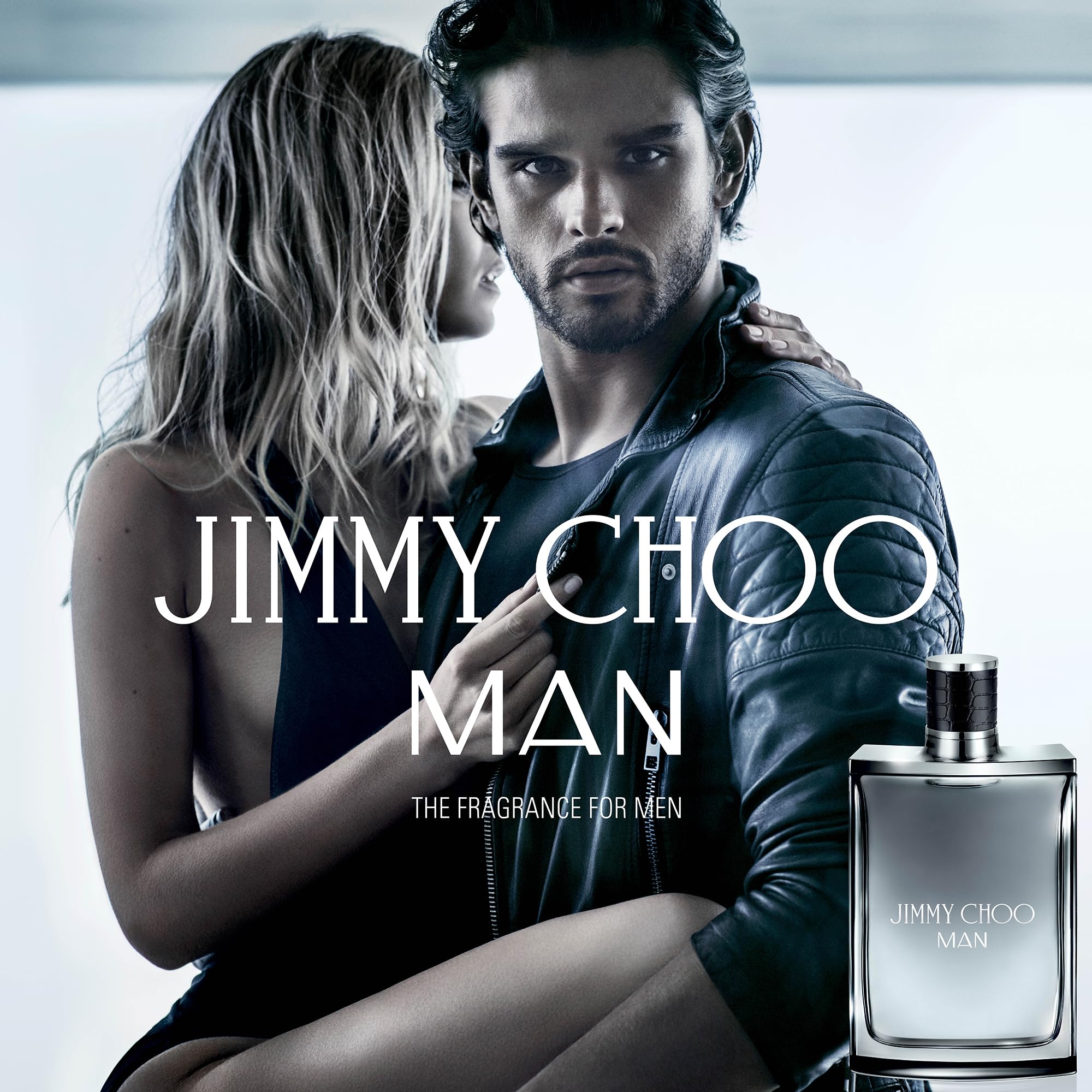 Side profile of Jimmy Choo Man aromatic fougere woody fragrance for men with authentic imported packaging.