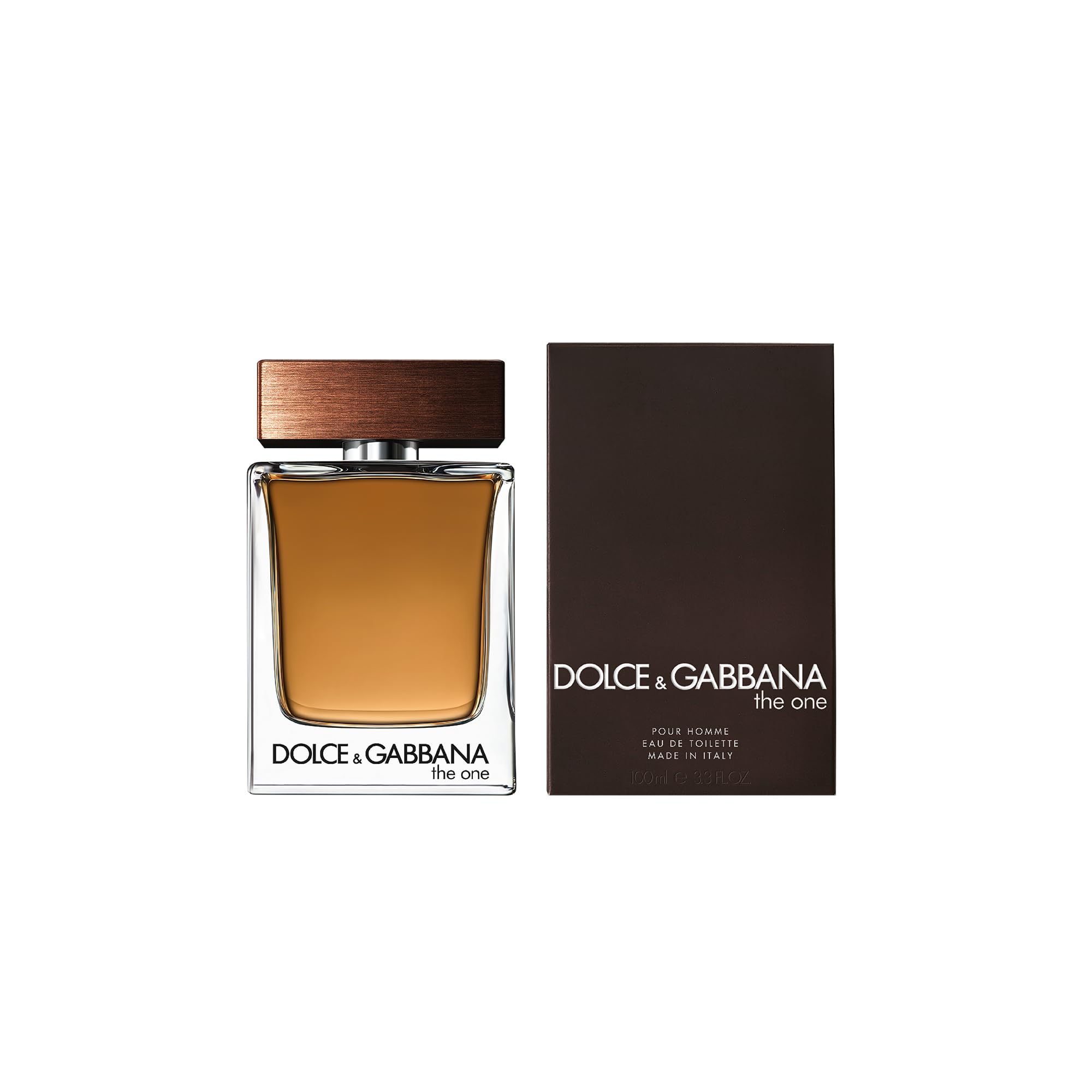 The glass bottle packaging of Dolce and Gabbana The One cologne for men showcasing clean geometric design lines.