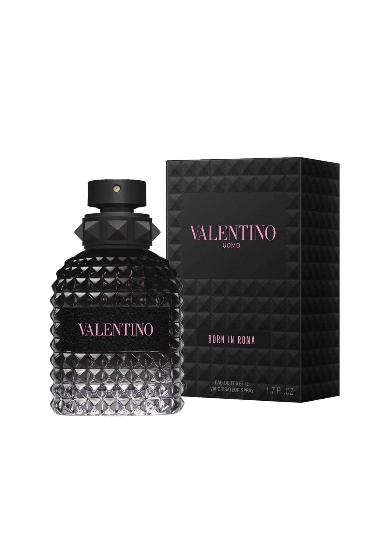 Valentino Born In Roma Men fragrance bottle showcasing the unique studded pattern glass and cap