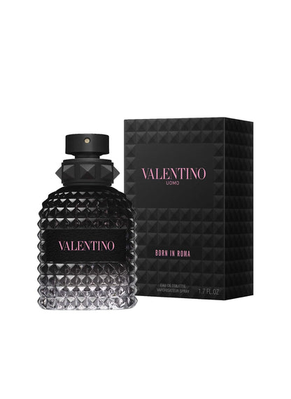 Valentino Born In Roma Men fragrance bottle showcasing the unique studded pattern glass and cap
