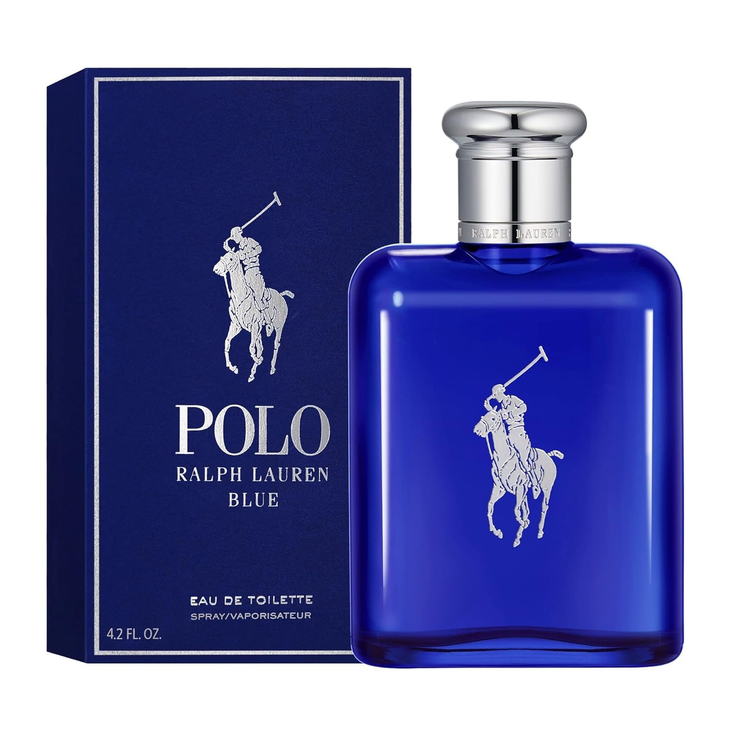 Ralph Lauren Polo Blue Eau de Toilette luxury men's fragrance display showing bottle clarity and color