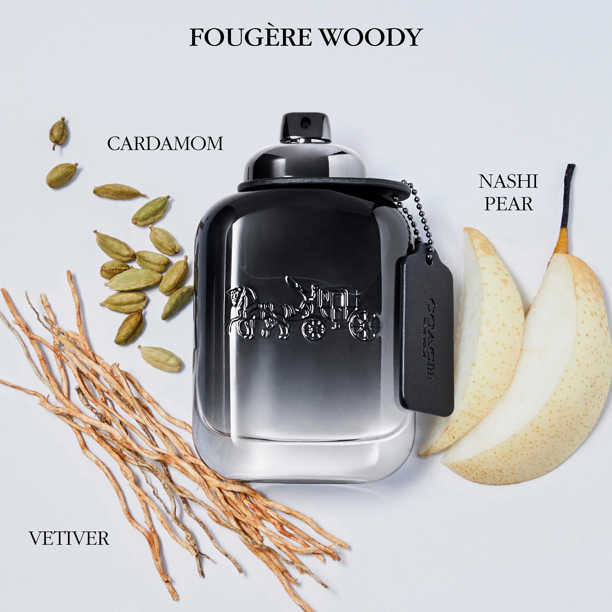 Coach luxury perfume for men displaying the iconic metallic turnlock spray cap and hangtag