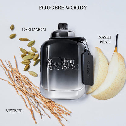 Coach luxury perfume for men displaying the iconic metallic turnlock spray cap and hangtag