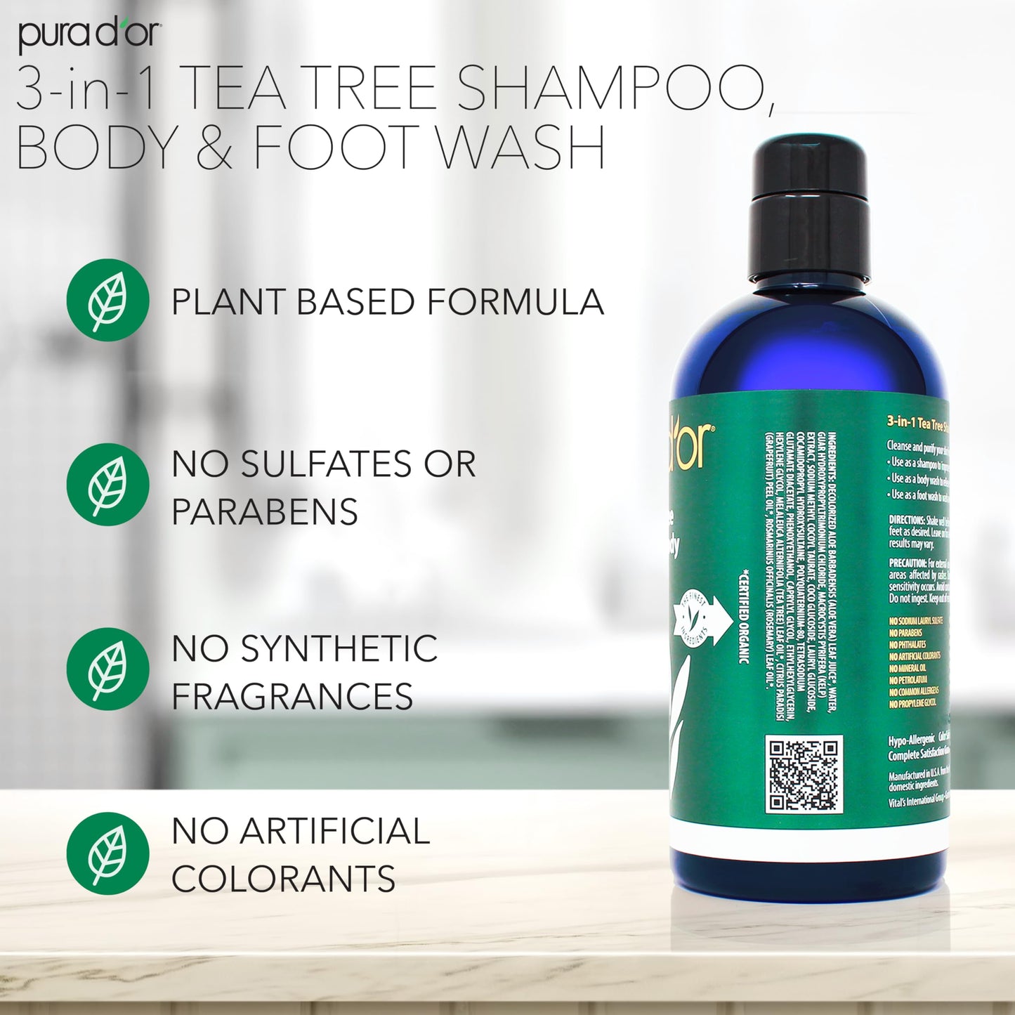 Sixteen ounce multi purpose body wash and foot soak bottle label details.