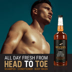 Back label of Woody's 3-in-1 hair and body wash showing ingredients