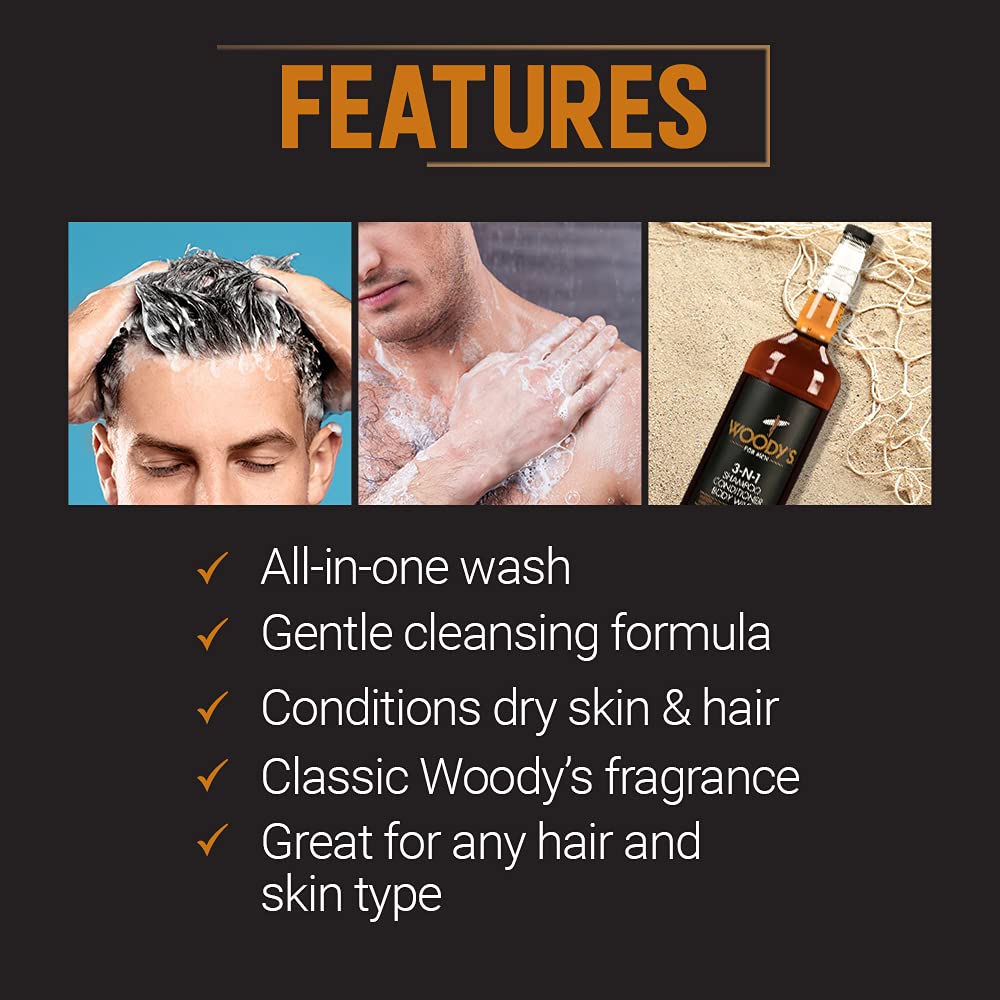 Woody's 3-in-1 shampoo and body wash branding and size label