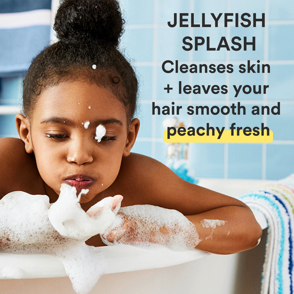 Fruity peach scented all in one kids body wash and hair care product line