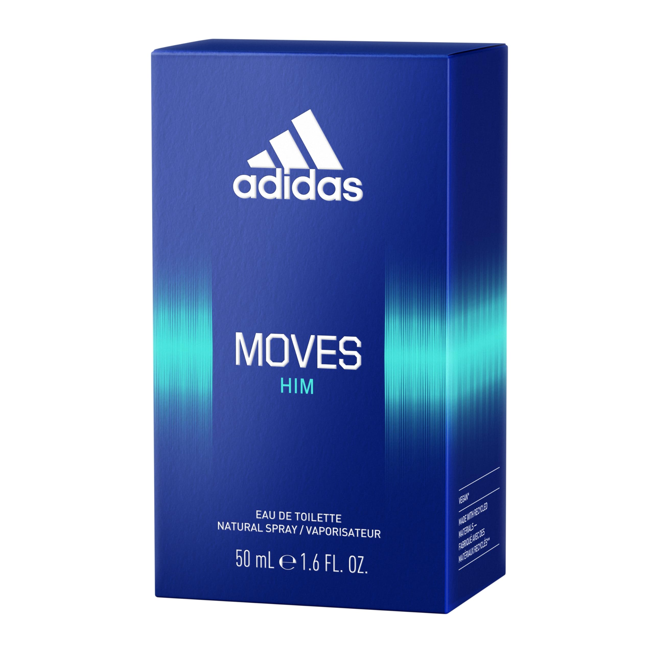 Side angle shot of Adidas Moves for Him showing the travel size cap and spray nozzle