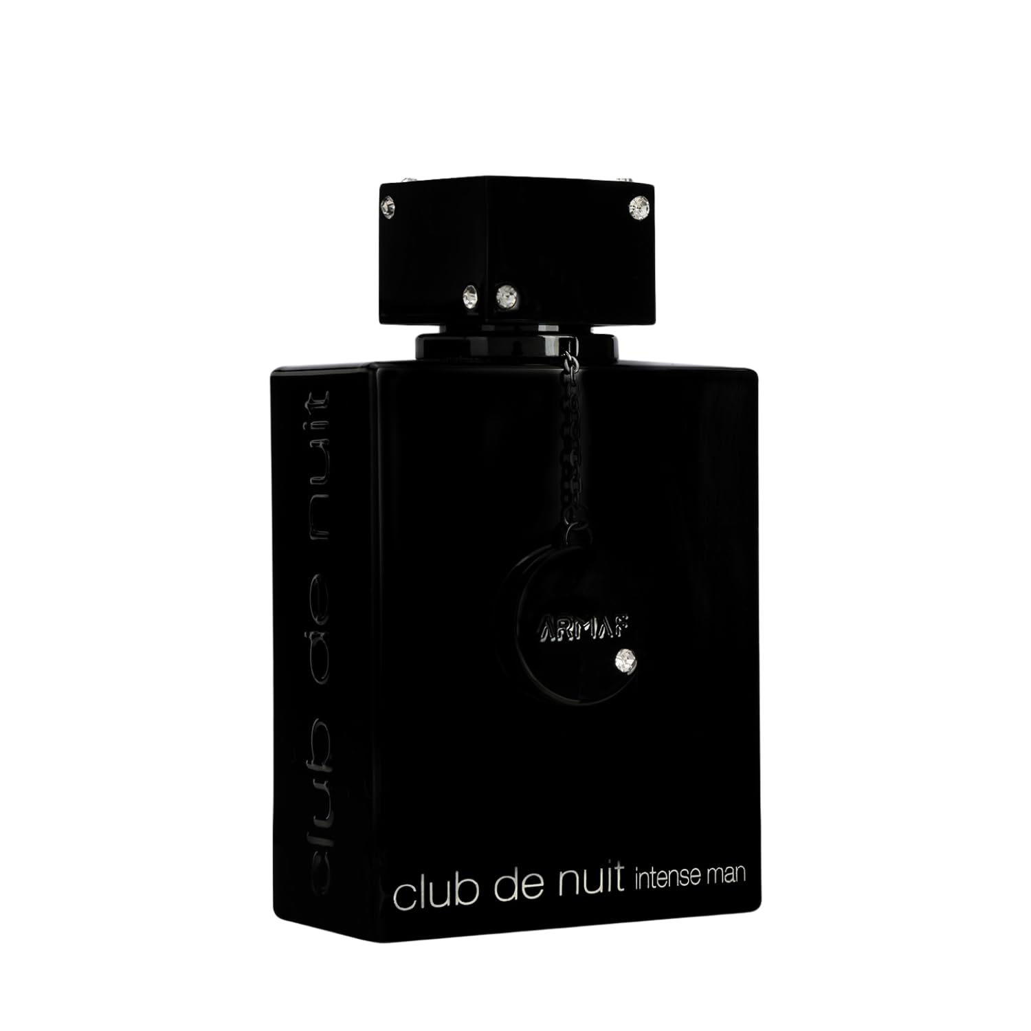 Armaf Club De Nuit Intense Man 3.6 Ounce bottle highlighting the decorative chain detail