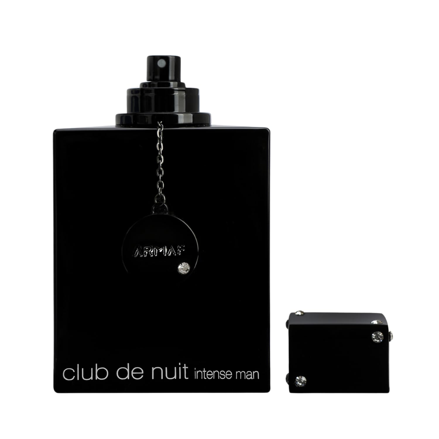 Side view of Armaf masculine woody spicy cologne in premium black glass packaging